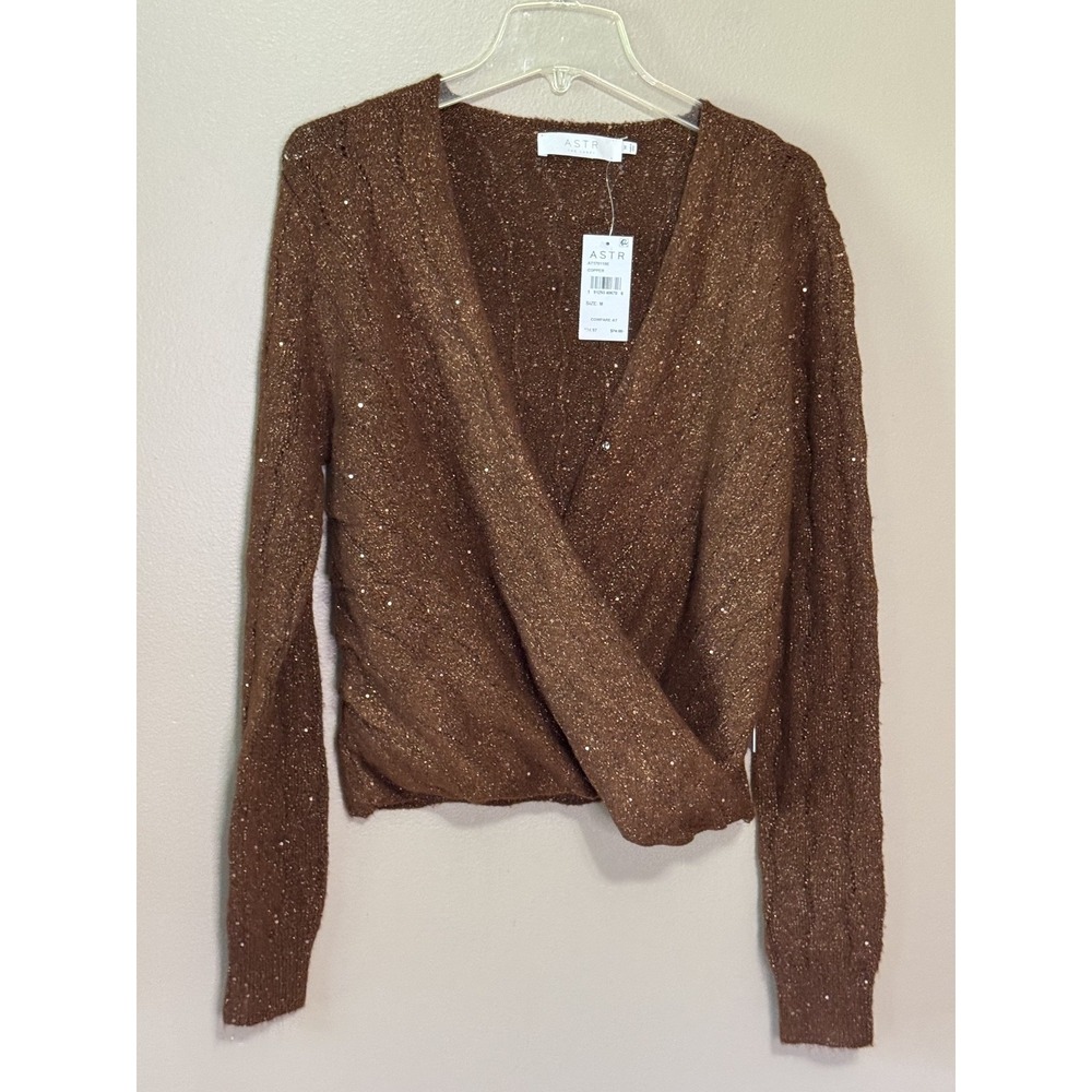 ASTR The Label Metallic Sequin Surplice Cable Stitch Sweater Copper M AT17011SE